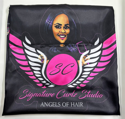 Signature Curlz Studio Satin Head Scarf – “Angels of Hair” Logo Print